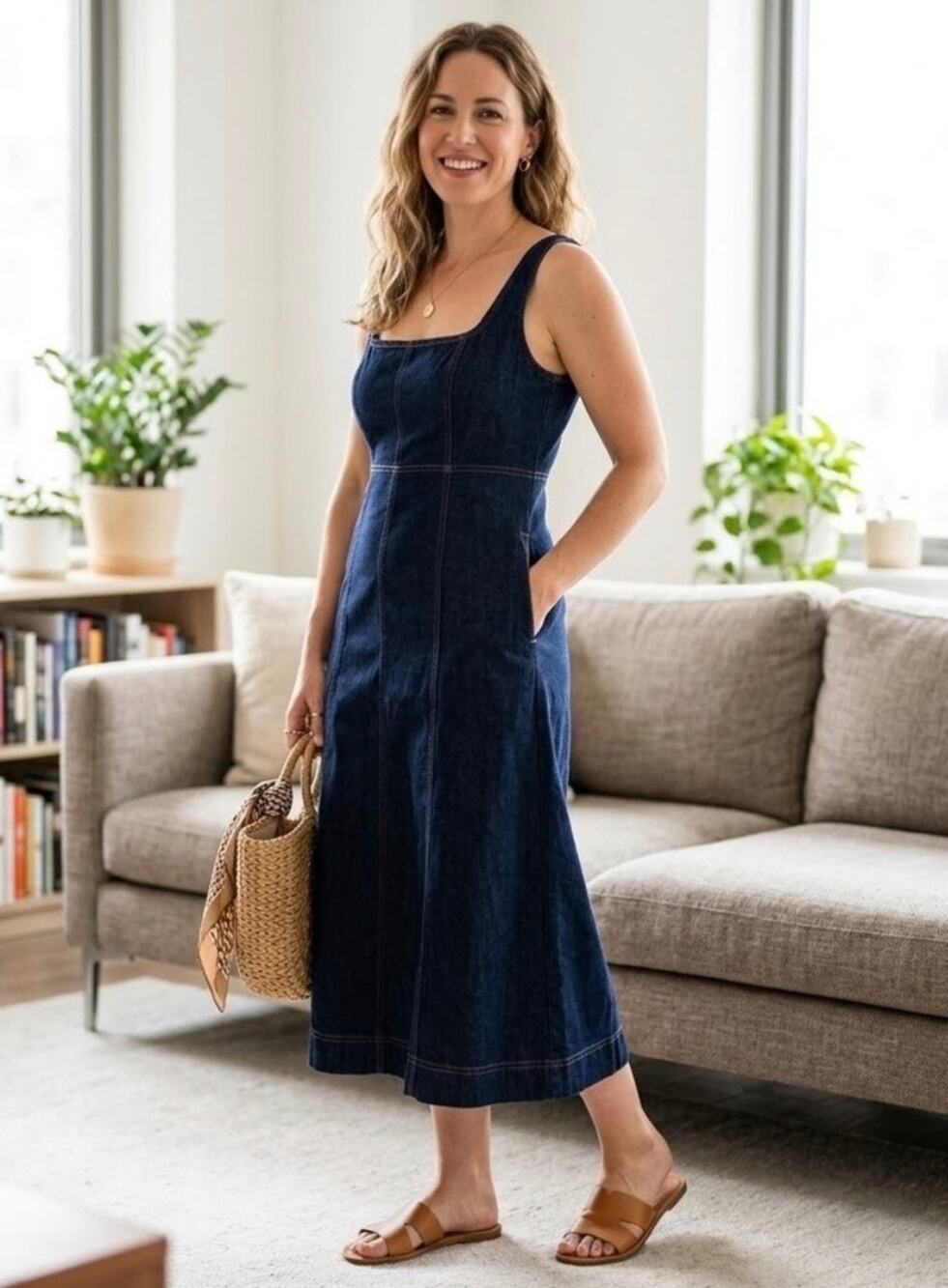 Old Navy Women's L Denim
Midi Dress Dark Wash
Sleeveless Square Neck
